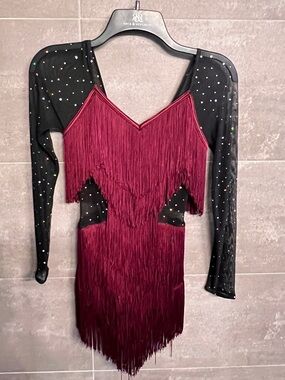 Weissman Burgundy Fringe Dance Dress with Black Sheer Rhinestone Sleeves